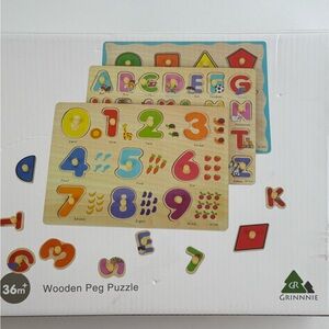 Grinnie Wooden Peg Puzzle - Colorful Alphabet & Numbers